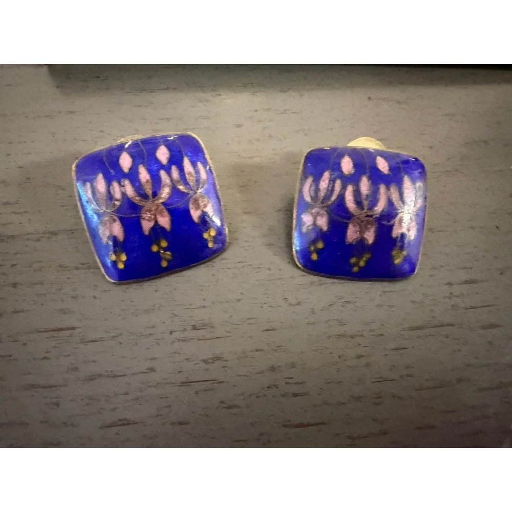 Vintage Blue Enamel Floral Stud Earrings Square Pink Flower Artisan Jewelry